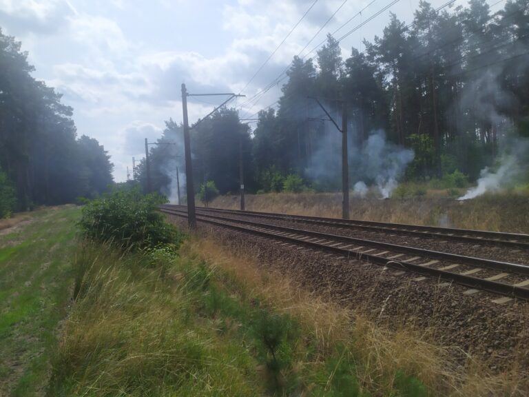 Płomienie przy torach kolejowych